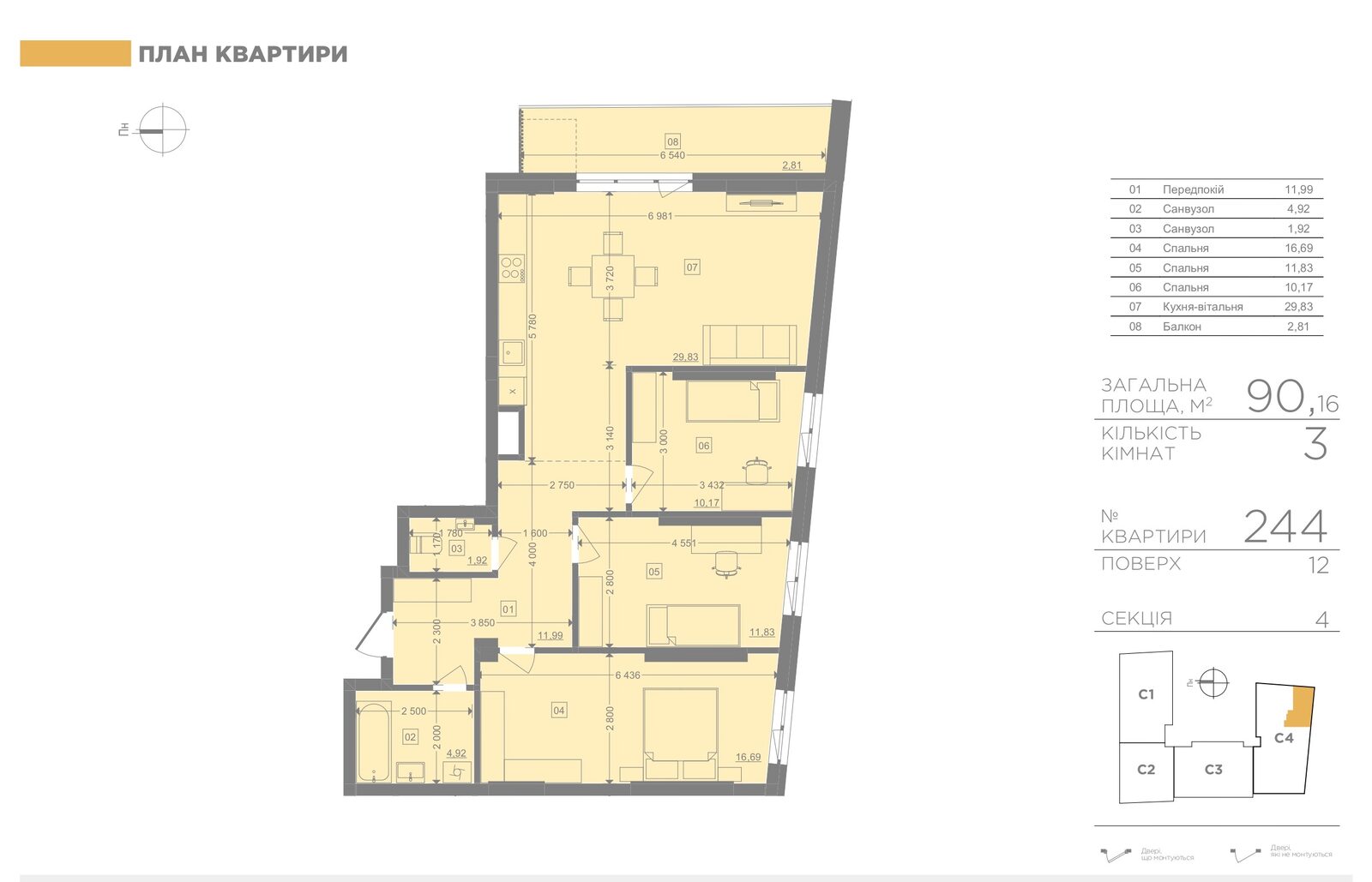 3-кімнатна 90.16 м², секція 4