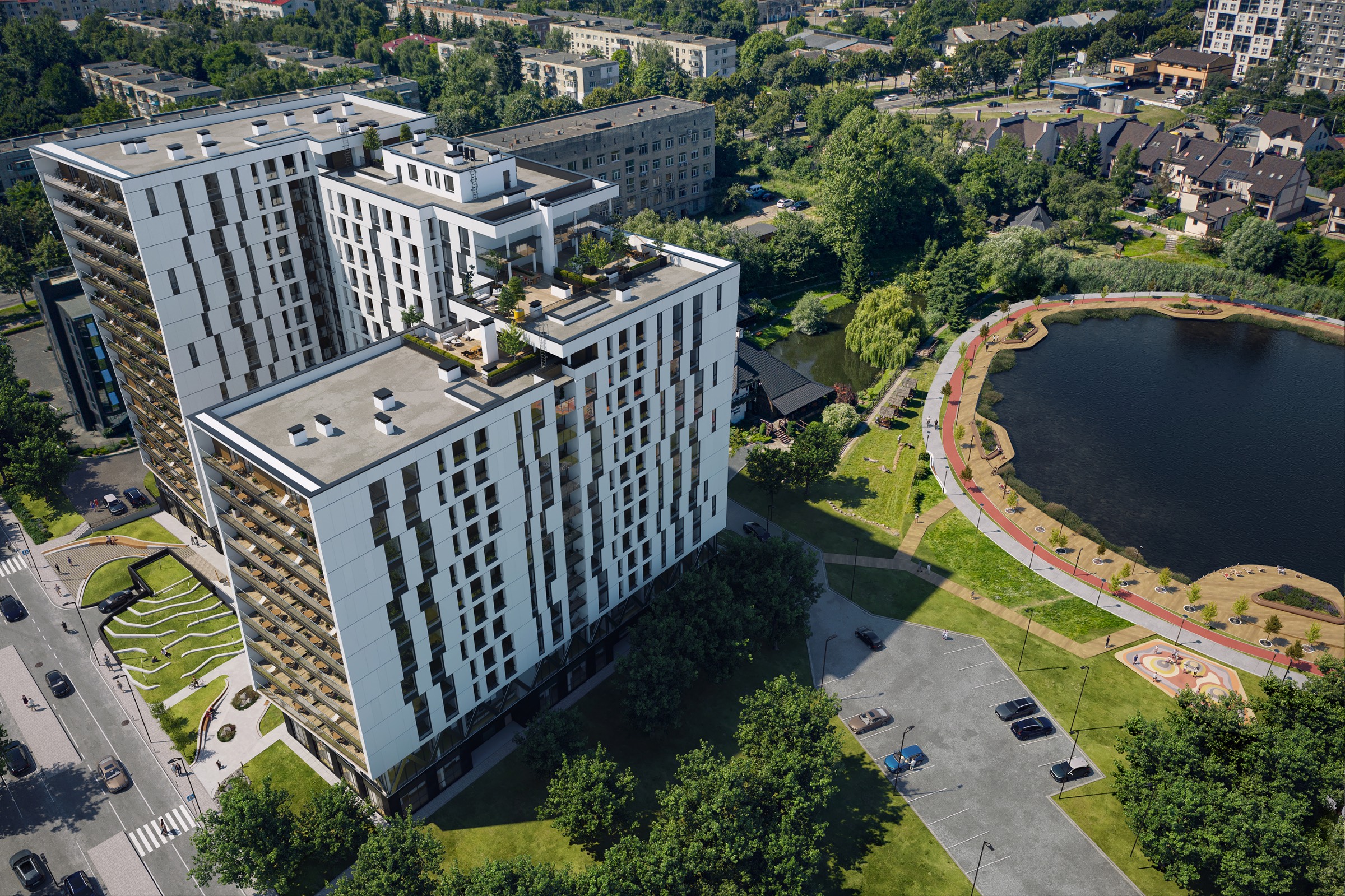 Панорама ЖК Lakeview з повітря — комплекс, озеро та оточення на вул. В. Великого, Львів