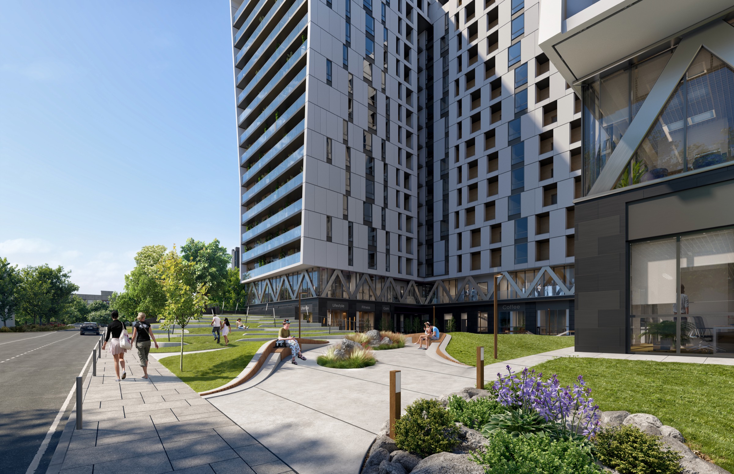ЖК Lakeview — вхідна група секції з дитячим майданчиком